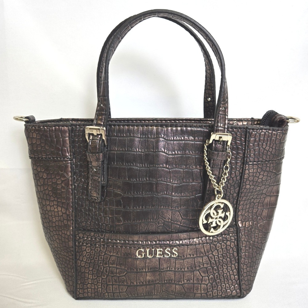 Guess Delaney Python Embossed Mini Tote Bag Bronze Faux Leather, Logo‎ Charm Y2K